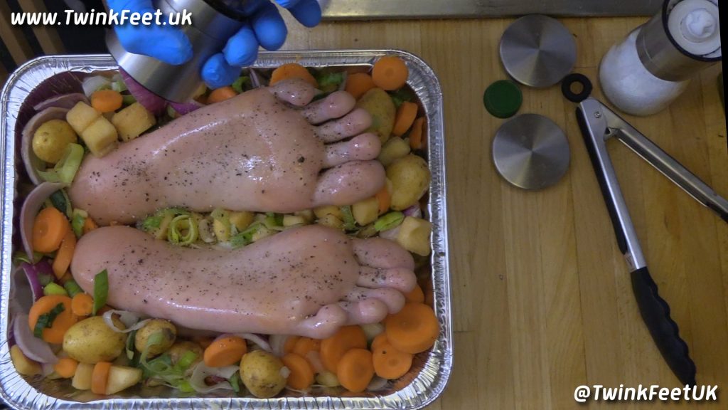 Preparing @sebsfeet2 feet with vegetables and seasoning